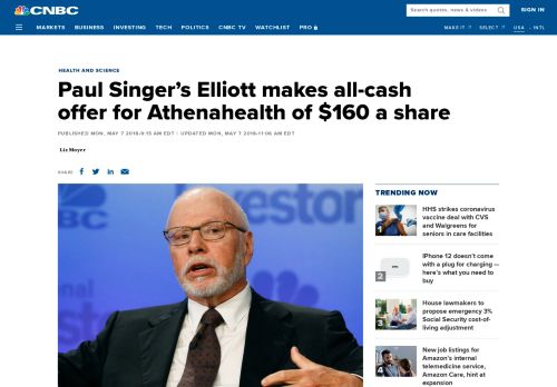 
                            13. Paul Singer's Elliott to make all-cash offer for Athenahealth of $155 ...