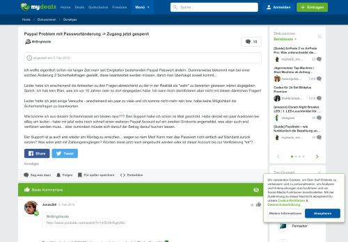 
                            5. Paypal Problem mit Passwortänderung -> Zugang jetzt gesperrt ...