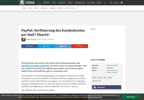 
                            12. PayPal: Verifizierung des Kundenkontos per Mail? Obacht! – GIGA