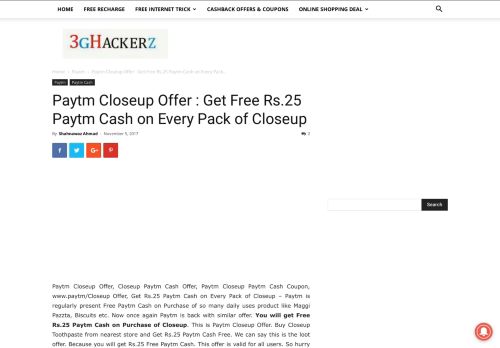 
                            9. Paytm Closeup Offer : Get Free Rs.25 Paytm Cash on Every Pack of ...