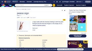 
                            7. PEACE SIGN | Bedeutung im Cambridge Englisch Wörterbuch