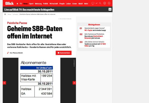 
                            12. Peinliche Panne: Geheime SBB-Daten offen im Internet - Blick