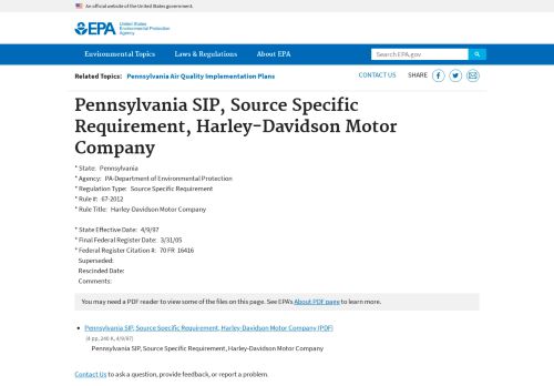 
                            7. Pennsylvania SIP, Source Specific Requirement, Harley-Davidson ...