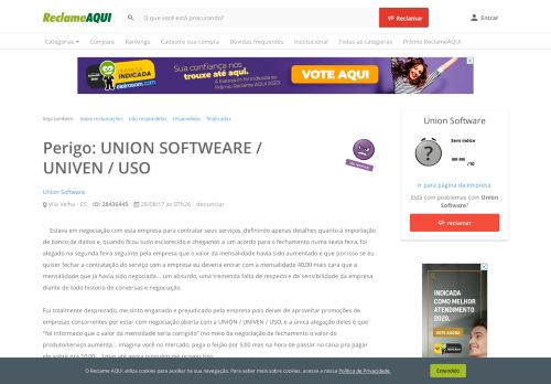 
                            11. Perigo: UNION SOFTWEARE / UNIVEN / USO - Reclame Aqui