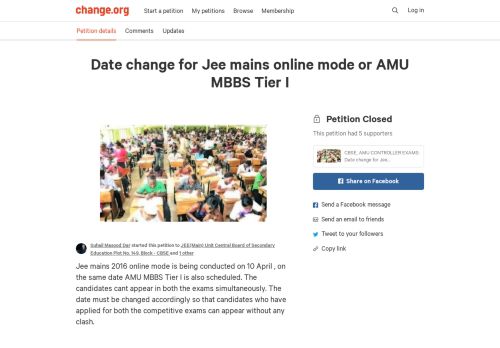 
                            10. Petition · CBSE, AMU CONTROLLER EXAMS: Date change for Jee ...