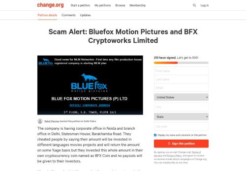 
                            4. Petition · Delhi Police: Scam Alert: Bluefox Motion Pictures and BFX ...