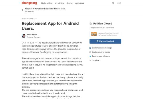 
                            13. Petition update · Replacement App for Android Users. · Change.org