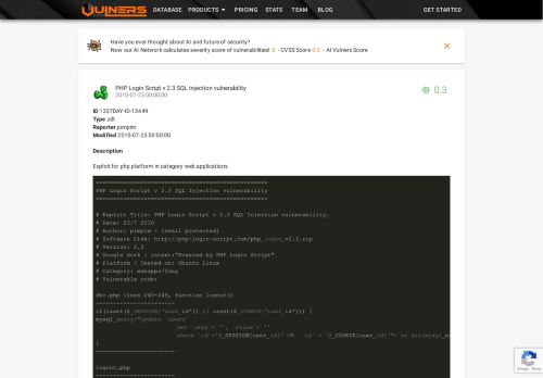 
                            4. PHP Login Script v 2.3 SQL Injection vulnerability - Vulners