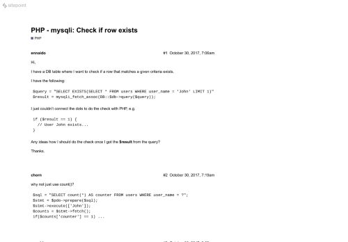 
                            12. PHP - mysqli: Check if row exists - PHP - The SitePoint Forums