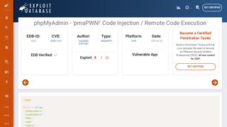 
                            8. phpMyAdmin - 'pmaPWN!' Code Injection / Remote ... - Exploit Database