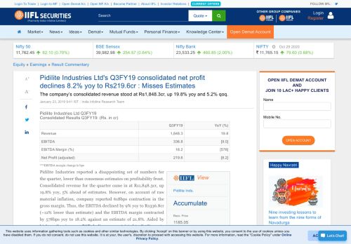 
                            3. Pidilite Industries Ltd's Q3FY19 consolidated net profit declines 8.2 ...
