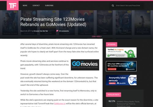 
                            10. Pirate Streaming Site 123Movies Rebrands as GoMovies  ...