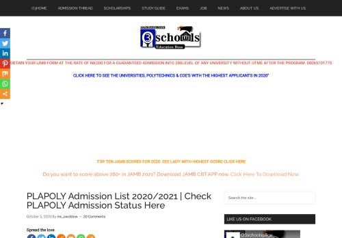 
                            5. PLAPOLY Admission List 2018/2019 | Check PLAPOLY Admission ...