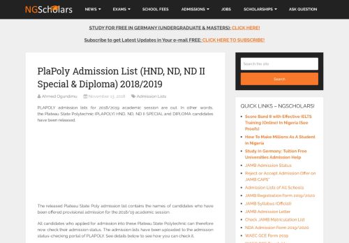 
                            12. PlaPoly Admission List (HND, ND, ND II Special & Diploma) 2017/2018