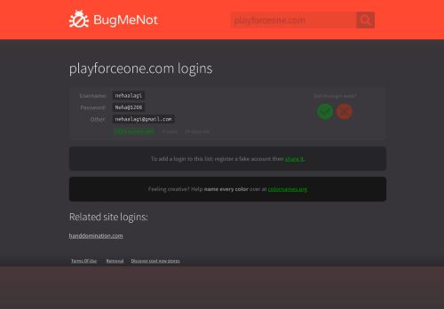 
                            1. playforceone.com passwords - BugMeNot