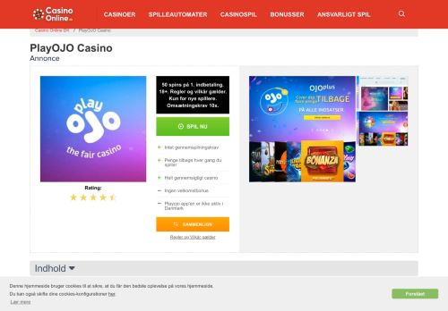 
                            5. PlayOJO Casino Danmark: Op til 50 free spins [Feb. 2019!]