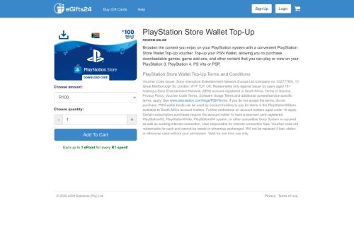 
                            13. PlayStation Wallet Top-Up (Digital/Email Delivery) - eGifts24.co.za