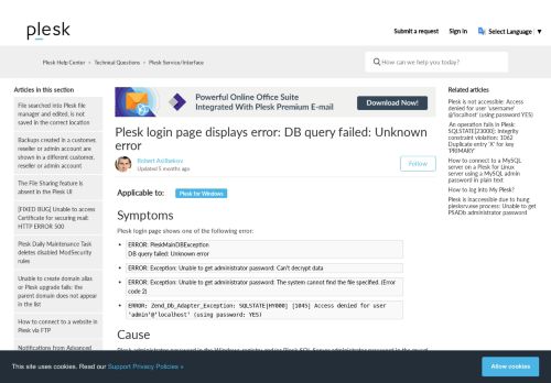
                            10. Plesk login page displays error: DB query failed: Unknown error ...