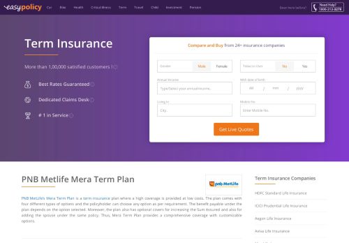 
                            10. PNB Metlife Mera Term Plan - Compare and Buy Online Policy