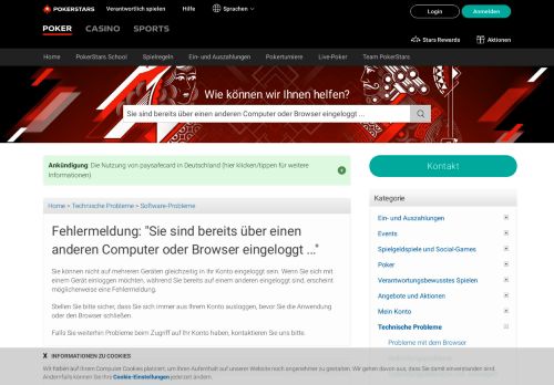 
                            1. Pokerstars | Fehlermeldung: Über ein anderes Gerät eingeloggt