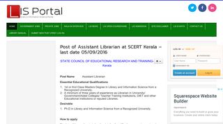 
                            11. Post of Assistant Librarian at SCERT Kerala – last date 05/09/2016
