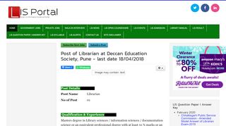 
                            11. Post of Librarian at Deccan Education Society, Pune - last date 18/04 ...