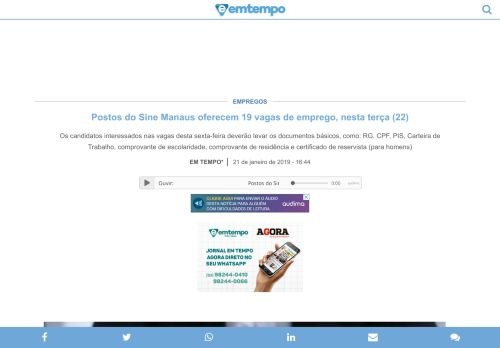 
                            8. Postos do Sine Manaus oferecem 19 vagas de emprego, nesta terça ...