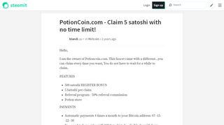 
                            9. PotionCoin.com - Claim 5 satoshi with no time limit! — Steemit