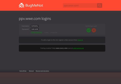
                            3. ppv.wwe.com logins - BugMeNot