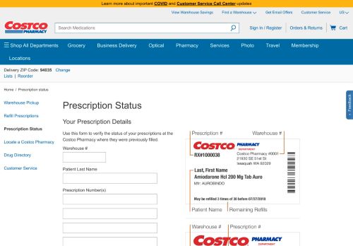 
                            6. Prescription Status - Costco Wholesale