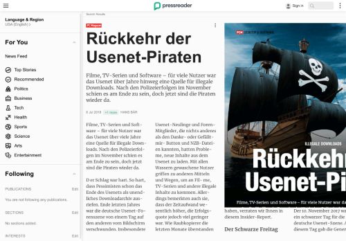 
                            2. PressReader - PC Magazin: 2018-07-06 - Rückkehr der Usenet-Piraten