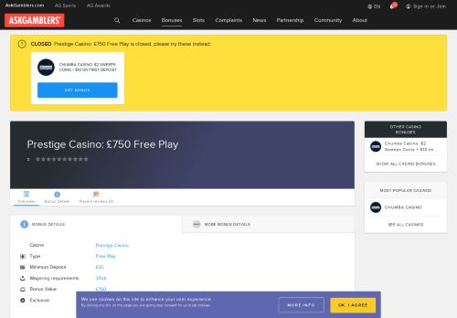
                            6. Prestige Casino: £750 Free Play Free Play Bonus - 2019 Codes ...