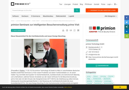 
                            6. primion-Seminare zur intelligenten Besucherverwaltung prime Visit ...