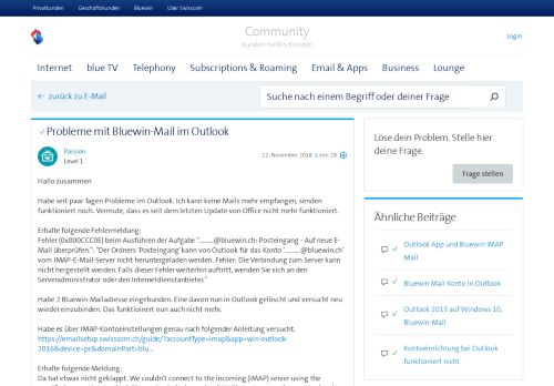 
                            10. Probleme mit Bluewin-Mail im Outlook | Swisscom Community