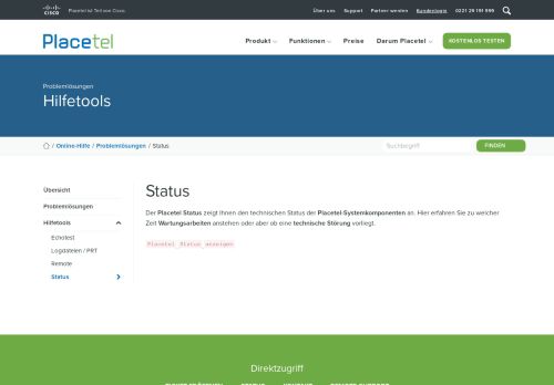 
                            4. Problemlösungen: Status - Placetel Online-Hilfe