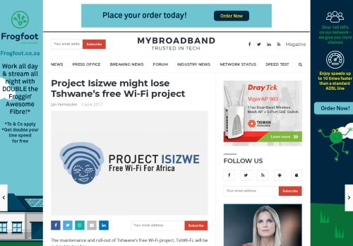 
                            9. Project Isizwe might lose Tshwane's free Wi-Fi project - MyBroadband