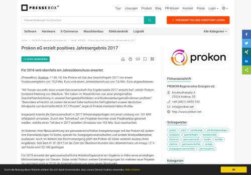 
                            11. Prokon eG erzielt positives Jahresergebnis 2017 - PresseBox