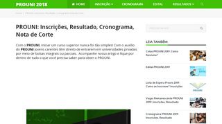 
                            9. PROUNI 2018 → INSCRIÇÕES, Resultado, Cronograma, Nota de ...