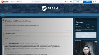 
                            8. [PSA] New CS:GO Trading Restrictions : Steam - Reddit