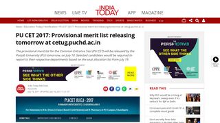 
                            11. PU CET 2017: Provisional merit list releasing tomorrow at cetug.puchd ...