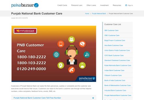 
                            6. Punjab National Bank Customer Care, 24x7 Toll Free Number