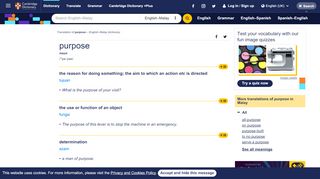 
                            10. purpose | translate English to Malay: Cambridge Dictionary