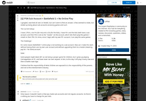 
                            8. [Q] PSN Sub Account + Battlefield 1 = No Online Play : PS4 - Reddit
