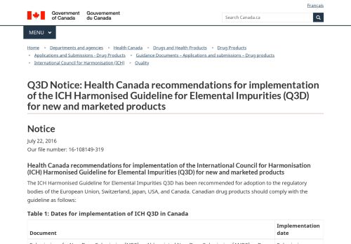 
                            11. Q3D Notice: Health Canada recommendations for implementation of ...