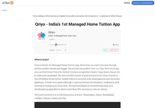 
                            11. Qriyo - India's 1st Managed Home Tuition App — eChai Ventures