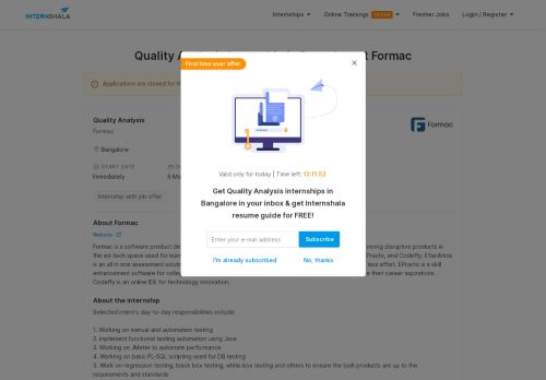 
                            12. Quality Analysis Internship in Bangalore at Formac | Internshala