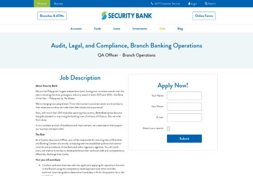 
                            13. Quality Assurance|branch banking operations|Security Bank|QA Officer