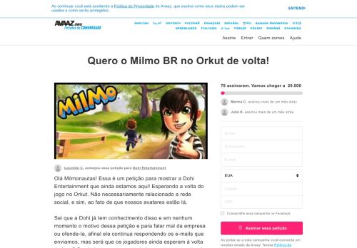 
                            9. Quero o Milmo BR no Orkut de volta! - Avaaz