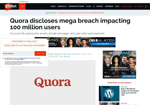 
                            11. Quora discloses mega breach impacting 100 million users | ZDNet