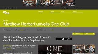 
                            13. RA News: Matthew Herbert unveils One Club - Resident ...